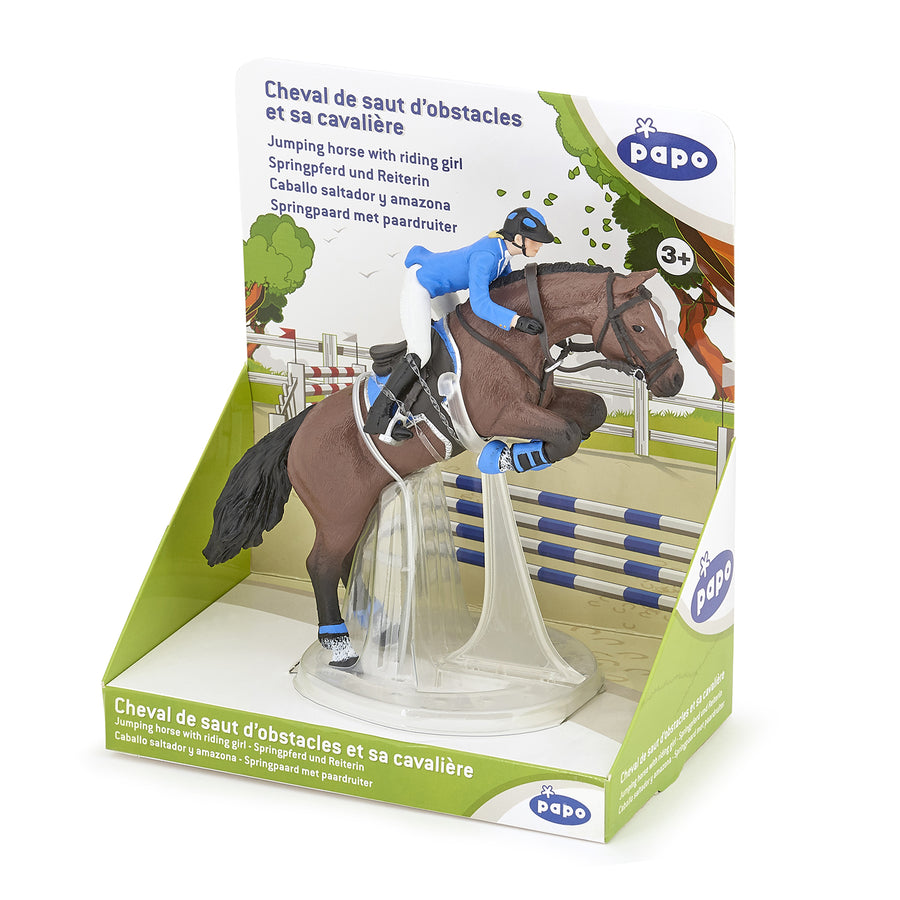 Figurine Cheval de saut d'obstacle et sa cavalière Papo en PVC, Collection chevaux, jouet éducatif idéal pour enfants et collectionneurs